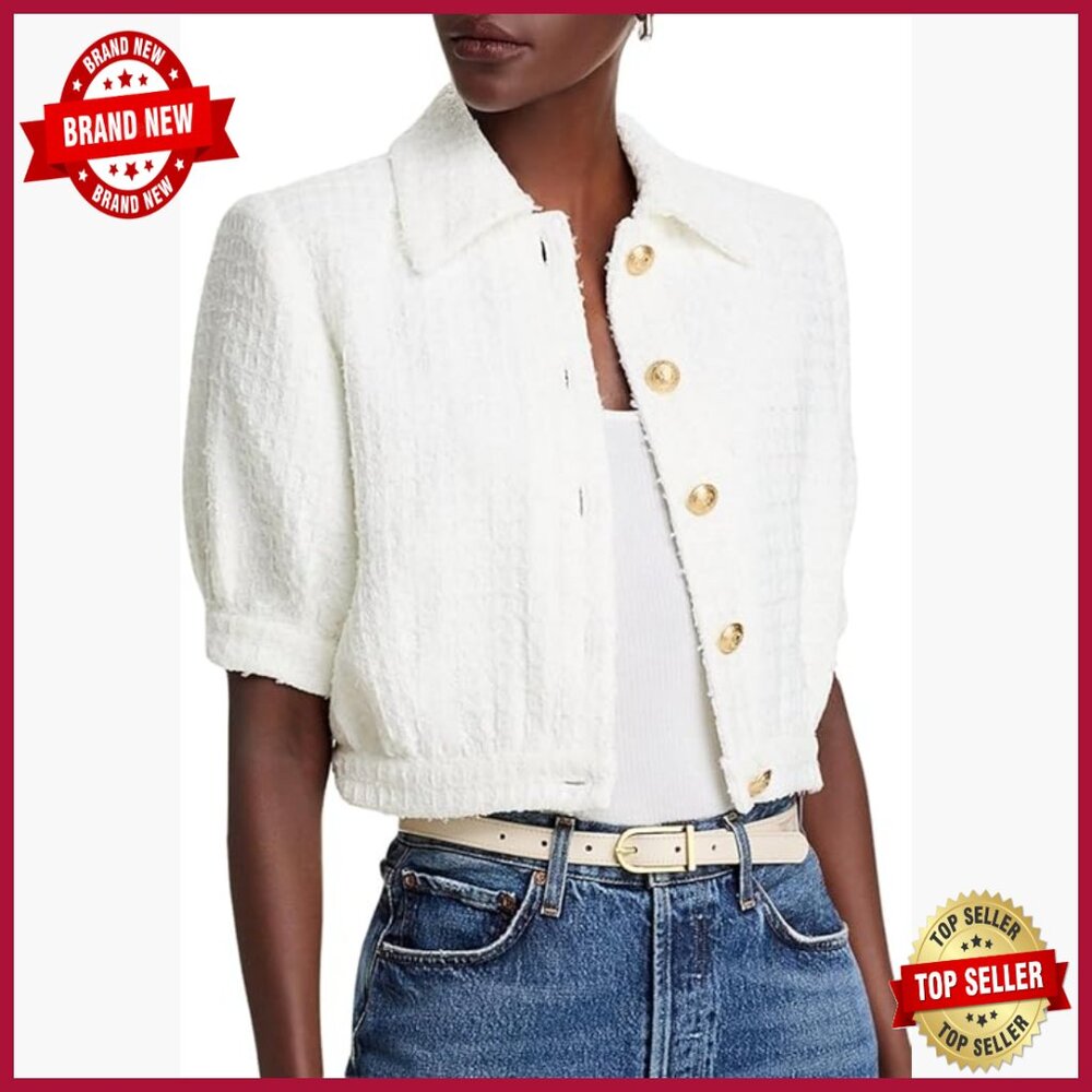 Cropped Tweed Blazer Short Sleeve Regular Fit Polyester Business Casual